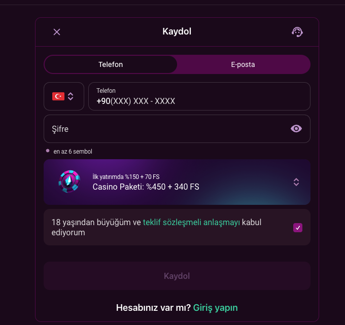 Lüks Casino kayıt formu telefon sekmesi