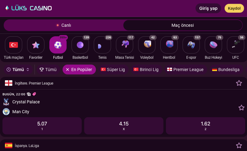 Lüks Casino maç öncesi bahis ekranında sabit oran listesi